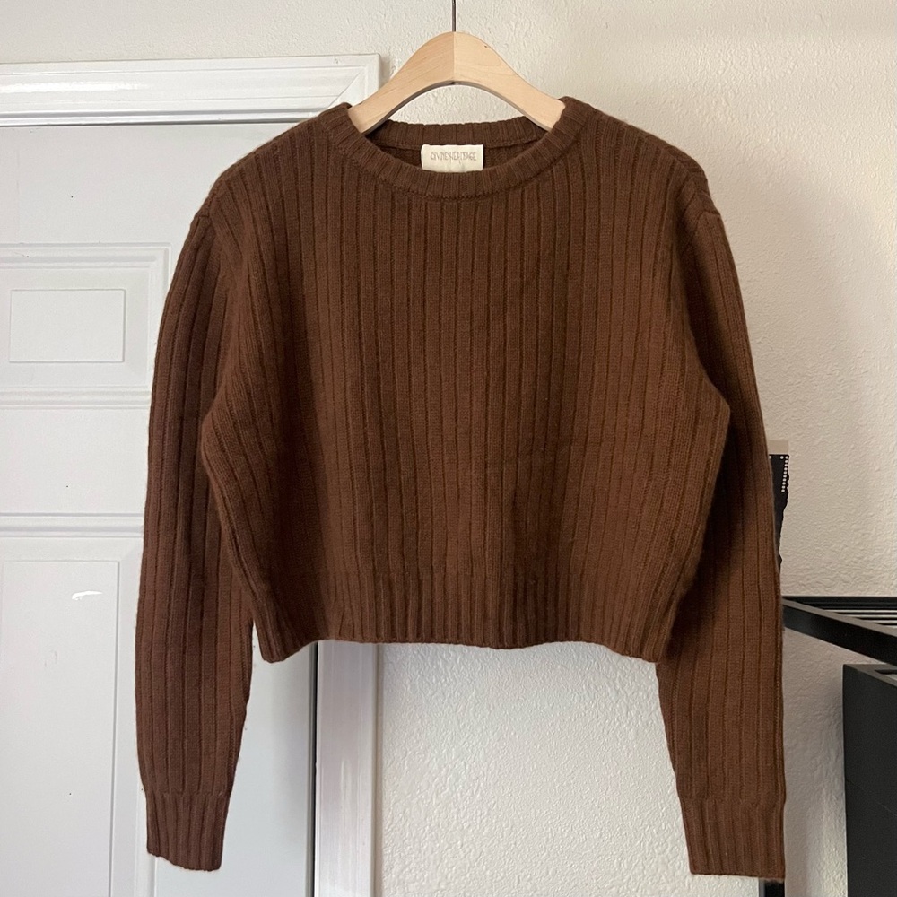 DIVINE HERITAGE brown merino wool cashmere blend crew neck boxy cropped sweater‎